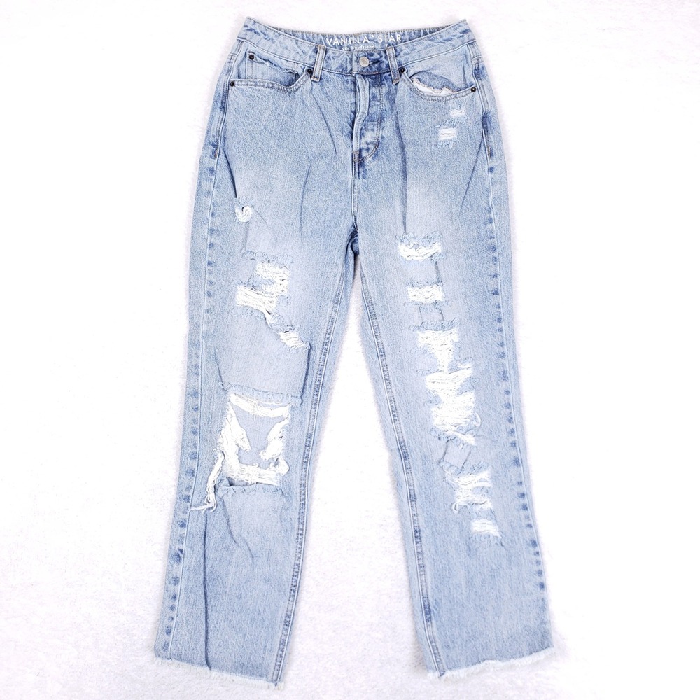 Vanilla Star 90s Boyfriend Jeans Light Wash Distressed Button Fly Size 7 V23197
